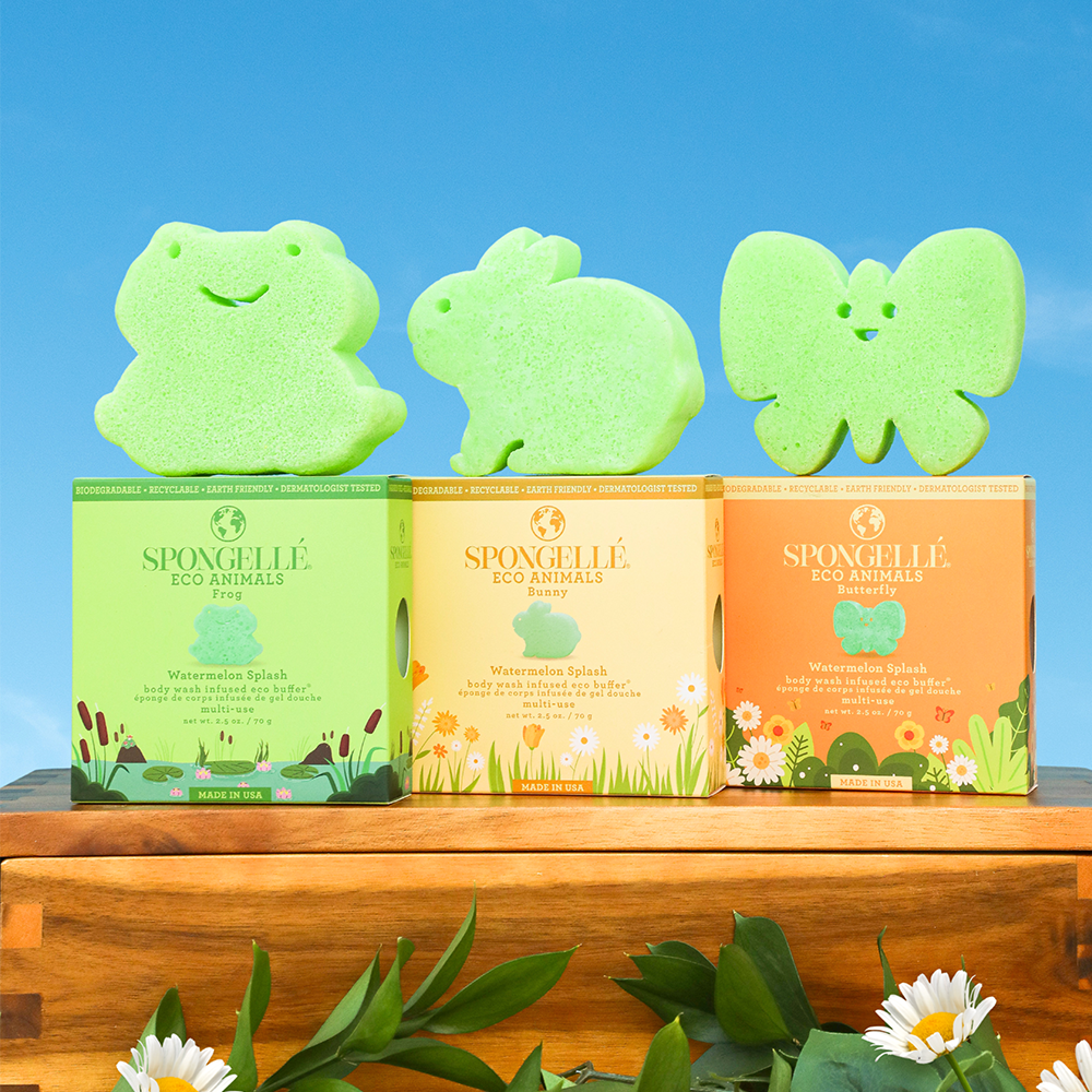 Spongellé Eco Animals Assorted Pack body wash infused buffers featuring colorful animal-shaped designs and soft exfoliating textures.