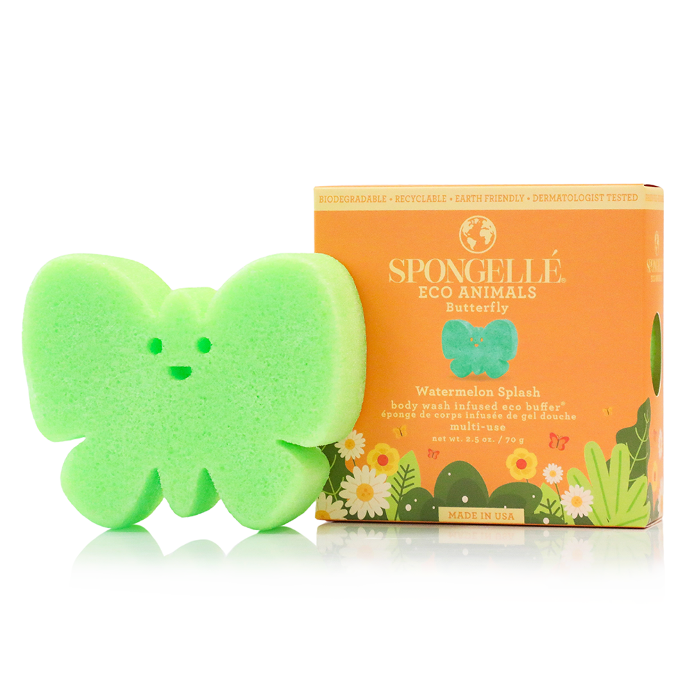 Spongellé Eco Animals Assorted Pack of body wash infused buffers with colorful animal designs and textured surfaces.