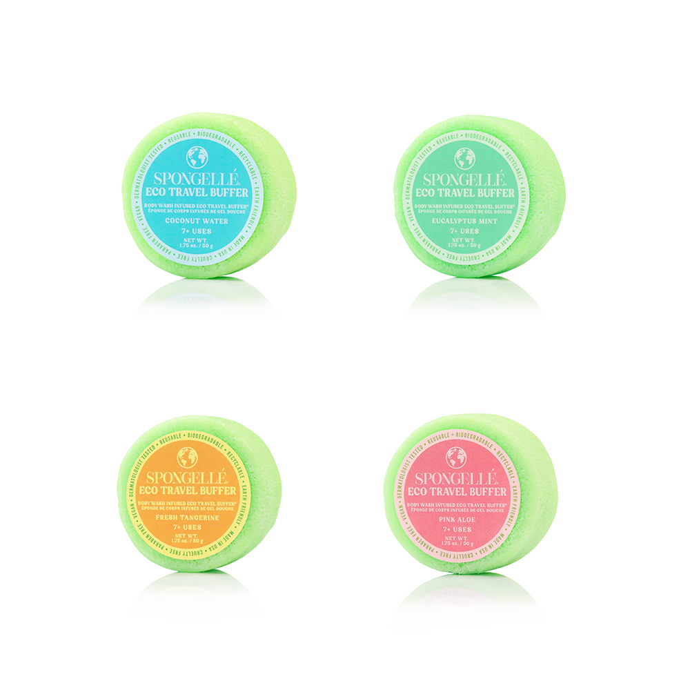 Spongellé Eco Travel Buffer Assorted Pack, body wash infused buffer with multiple colors and textures for gentle cleansing on the go.