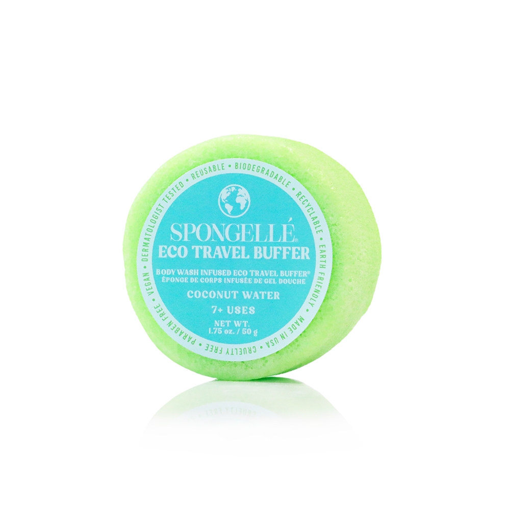 Spongellé Eco Travel Buffer Assorted Pack with body wash infused buffers for gentle cleansing and exfoliation on the go.