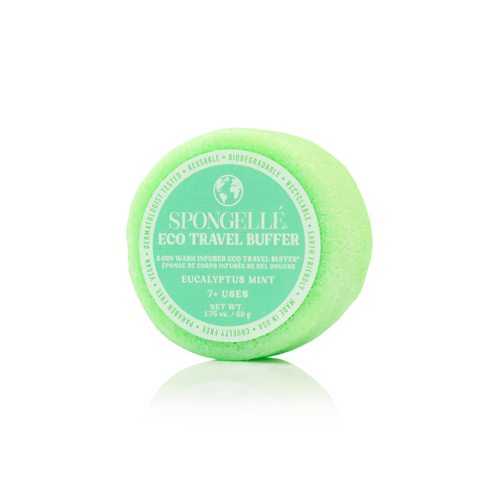 Spongellé Eco Travel Buffer Assorted Pack, body wash infused buffer in colorful, travel-sized containers for cleansing and exfoliating.