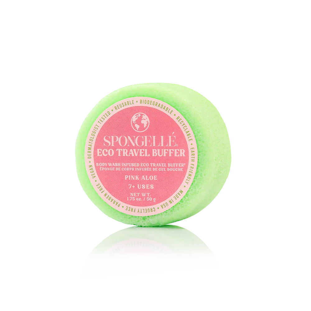 Spongellé Eco Travel Buffer Assorted Pack, body wash-infused buffers with colorful sponge textures for cleansing on the go.