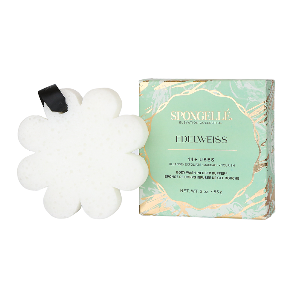 Edelweiss Elevation boxed flower body wash-infused buffer by Spongellé with delicate white flowers and textured sponge for skincare.