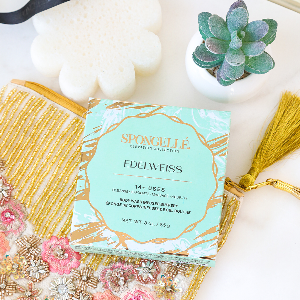 Spongellé Edelweiss Elevation Body Wash Infused Buffer with boxed flower design and floral scent for gentle cleansing.