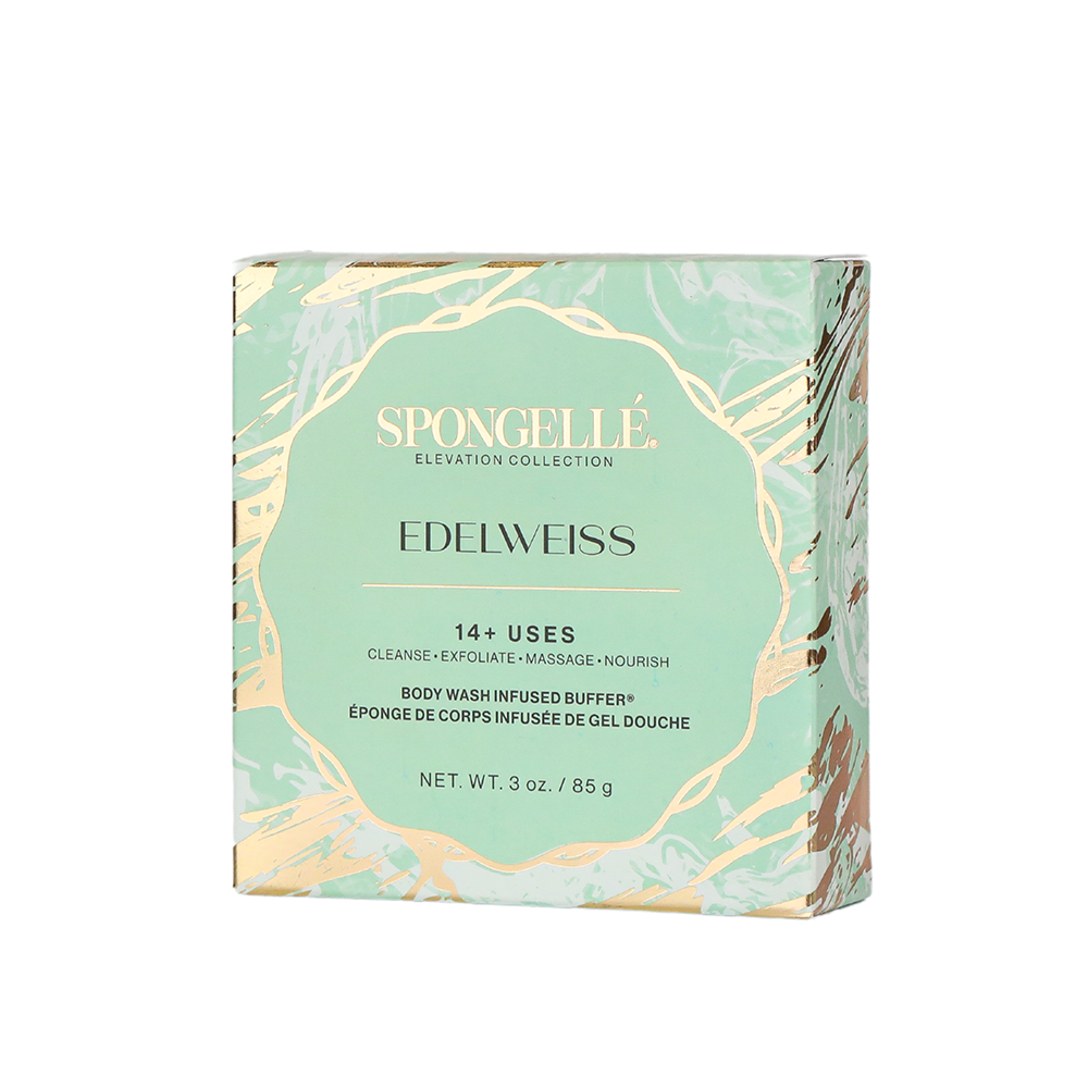 Spongellé Edelweiss Elevation boxed flower body wash infused buffer with floral design and textured surface for gentle cleansing.