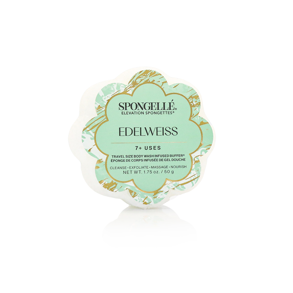 Spongellé Edelweiss Elevation Spongette body wash infused buffer with floral design and soft texture for gentle cleansing.