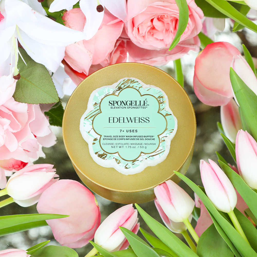 Spongellé Elevation Spongette body wash-infused buffer with Edelweiss scent, soft exfoliating sponge for gentle cleansing.