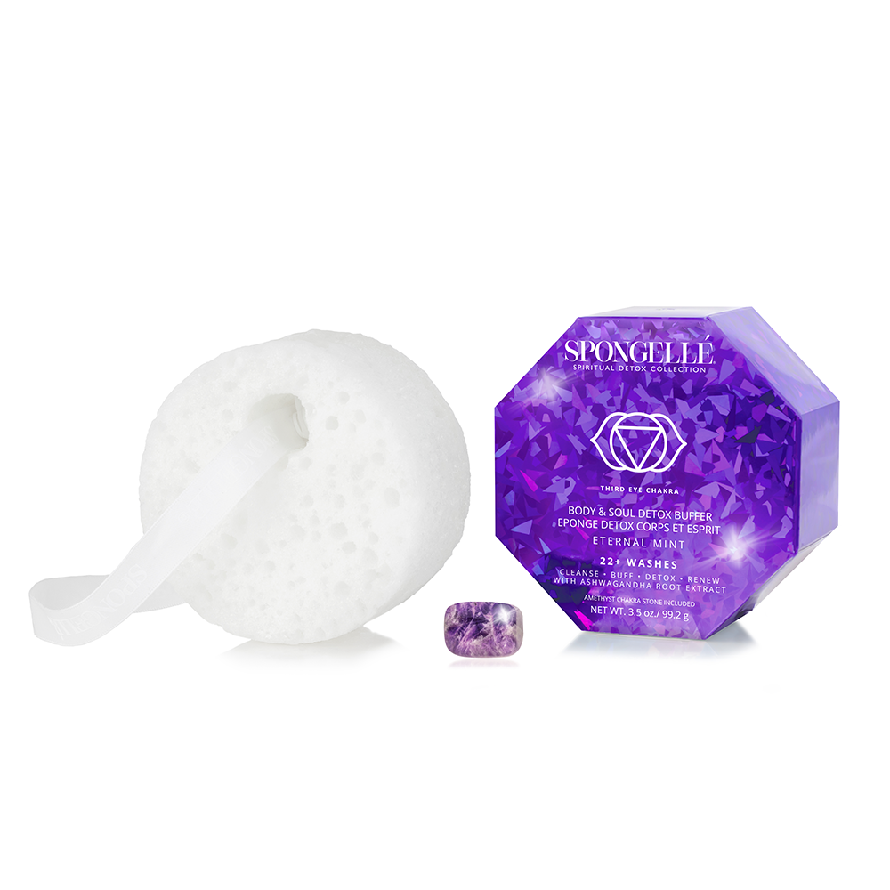 Spongellé Eternal Mint Spiritual Detox Amethyst body wash infused buffer with mint and amethyst for refreshing skincare.