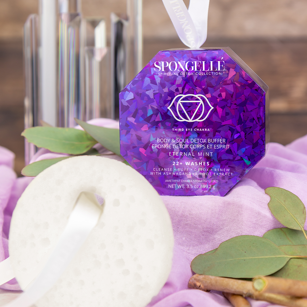 Spongellé Eternal Mint Spiritual Detox body wash-infused buffer with amethyst for cleansing and rejuvenation.