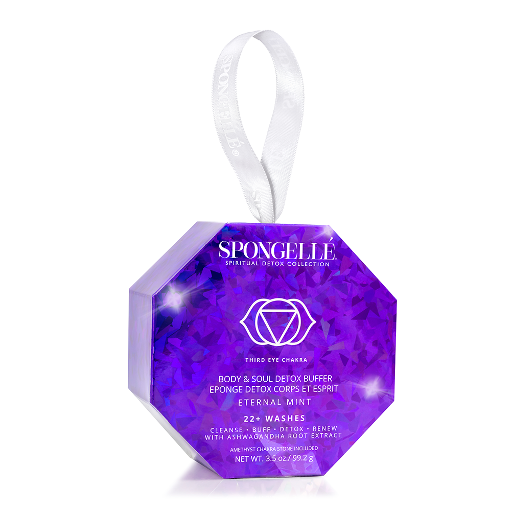 Spongellé Eternal Mint Spiritual Detox body wash-infused buffer with amethyst crystals for cleansing and rejuvenation.