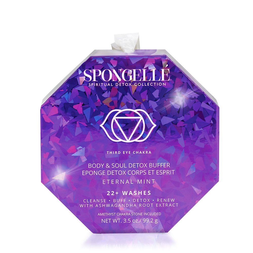 Spongellé Eternal Mint Spiritual Detox body wash infused buffer with amethyst, featuring a textured purple sponge for cleansing and exfoliation.