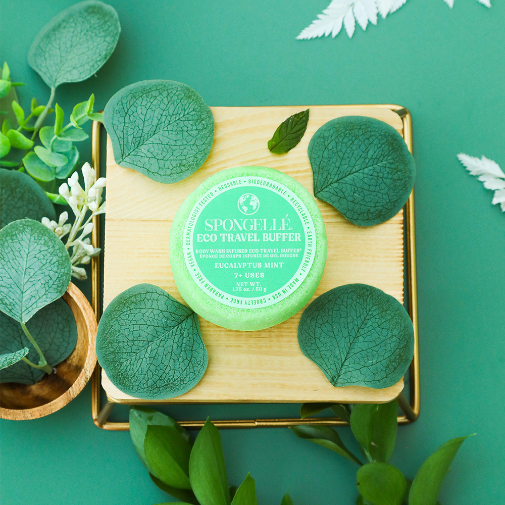 Eucalyptus Mint Spongellé eco travel body wash infused buffer with soft sponge and natural fragrance for cleansing and exfoliating skin.