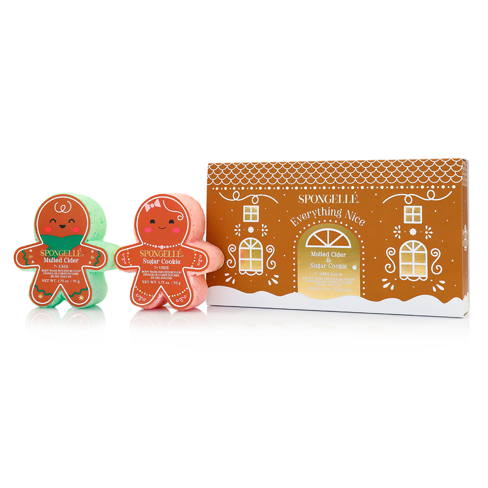 Spongellé Everything Nice Holiday Gingerbread Body Wash Infused Buffer with festive gingerbread scent and holiday-themed packaging