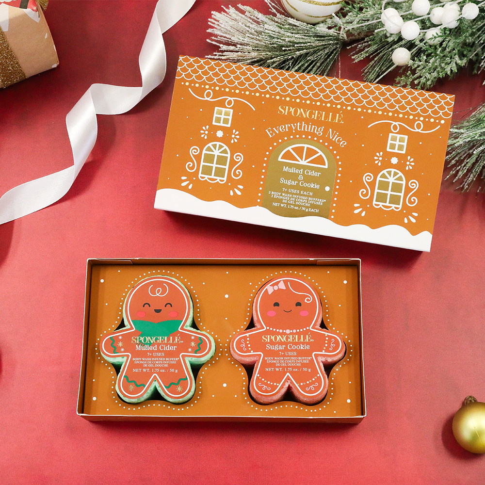 Spongellé Everything Nice holiday gingerbread body wash infused buffer with festive gingerbread scent and holiday packaging.