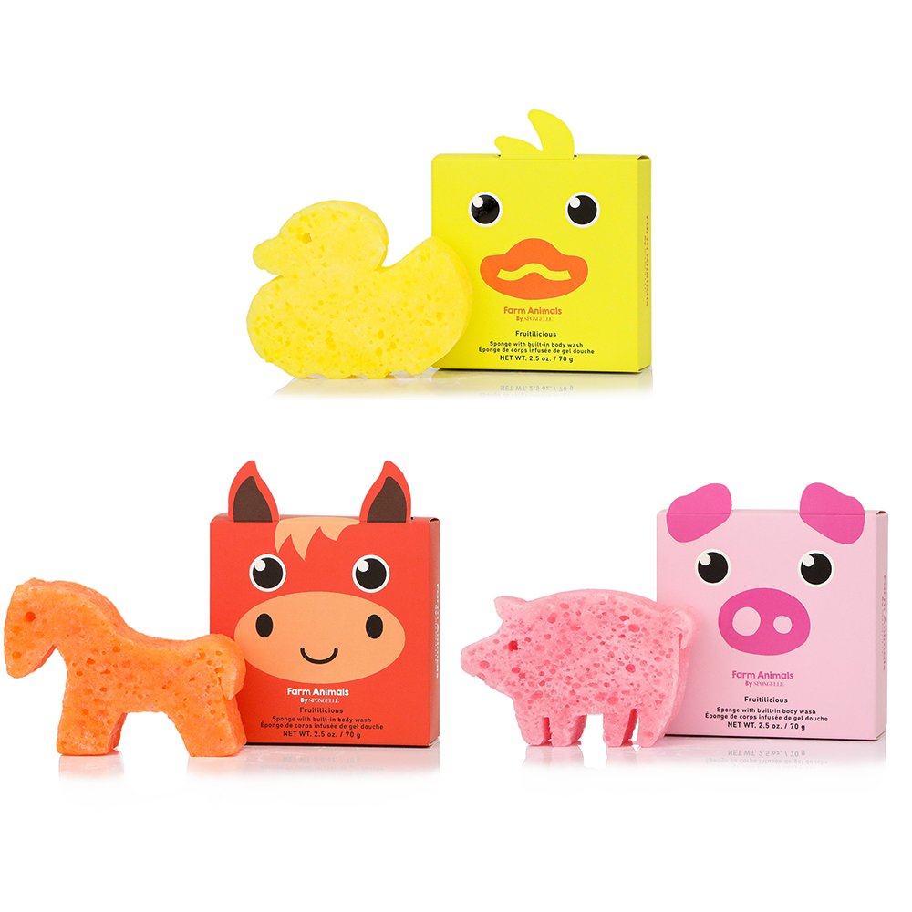 Spongellé Farm Animals Assorted Pack body wash infused buffer with colorful animal-shaped sponges for gentle cleansing.