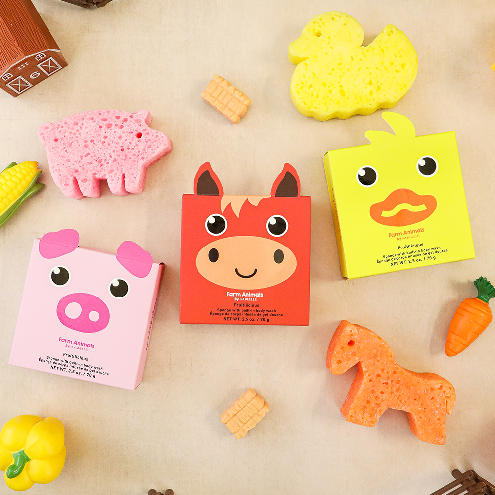 Spongellé Farm Animals Assorted Pack body wash infused buffers with playful farm animal designs