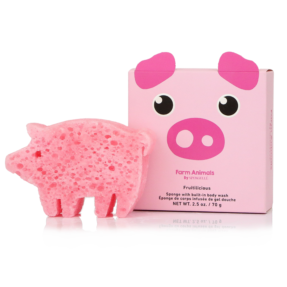 Spongellé Farm Animals Assorted Pack body wash infused buffers featuring colorful farm animal designs and soft exfoliating textures.