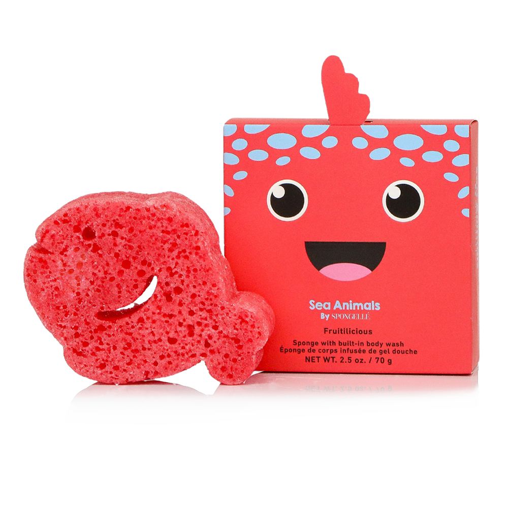 Spongellé Fiona Fish Sea Animals Body Wash Infused Buffer with colorful fish design and soft, textured surface for gentle cleansing.