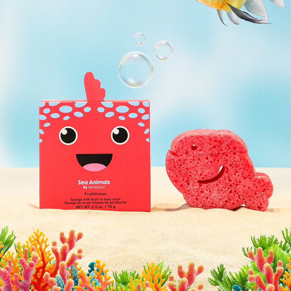Spongellé Fiona Fish Sea Animals Body Wash Infused Buffer featuring a colorful fish design and soft texture for gentle cleansing.