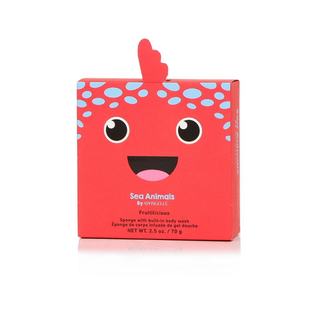Spongellé Fiona Fish Sea Animals body wash infused buffer with colorful fish design and textured surface for gentle cleansing.