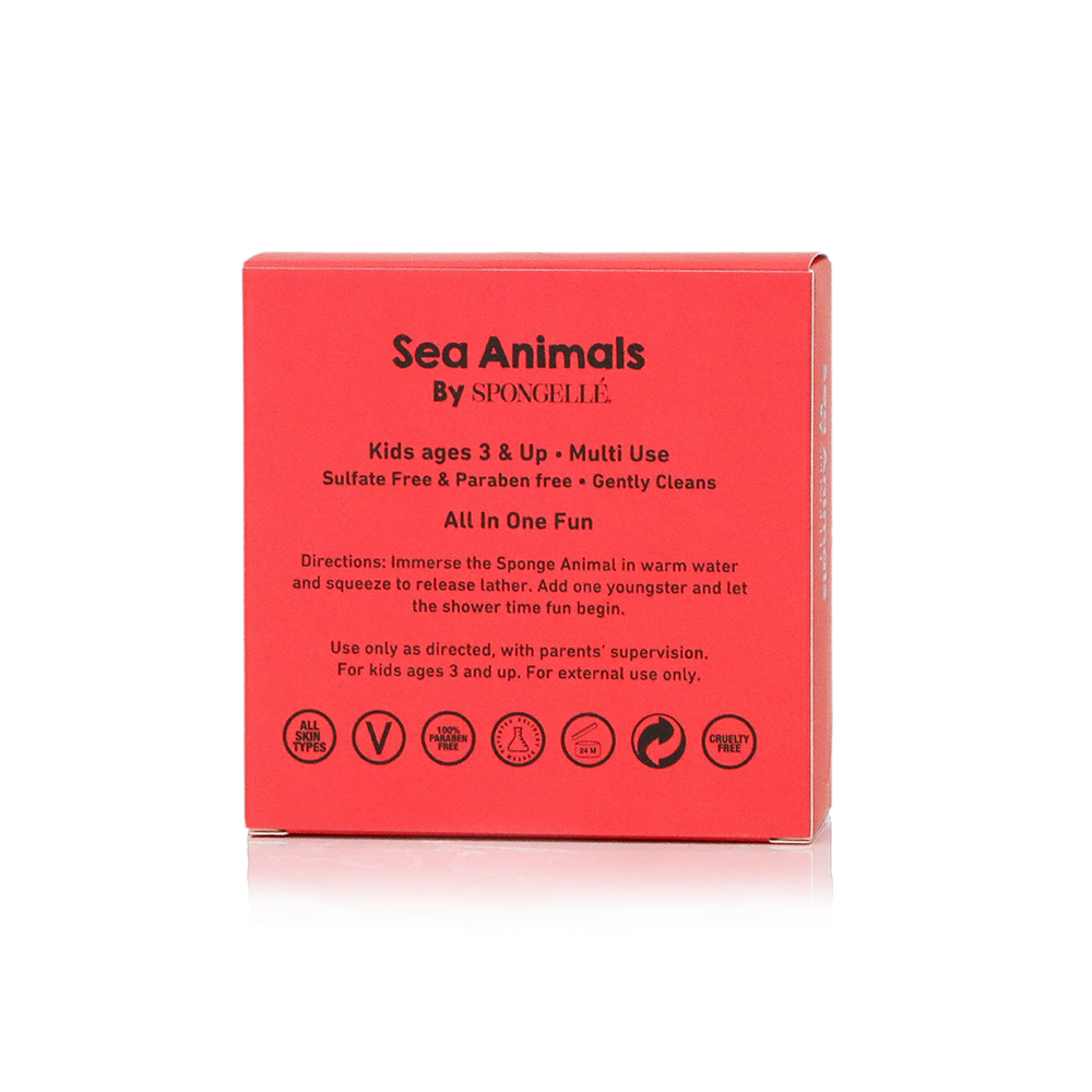 Spongellé Fiona Fish Sea Animals body wash infused buffer with colorful fish design and textured surface for gentle cleansing.