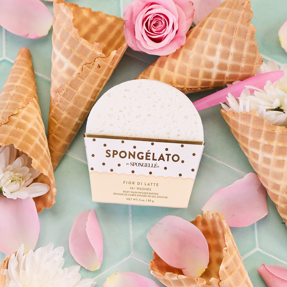 Spongellé Fior di Latte Spongelato Body Wash Infused Buffer showing textured sponge with floral design for gentle cleansing