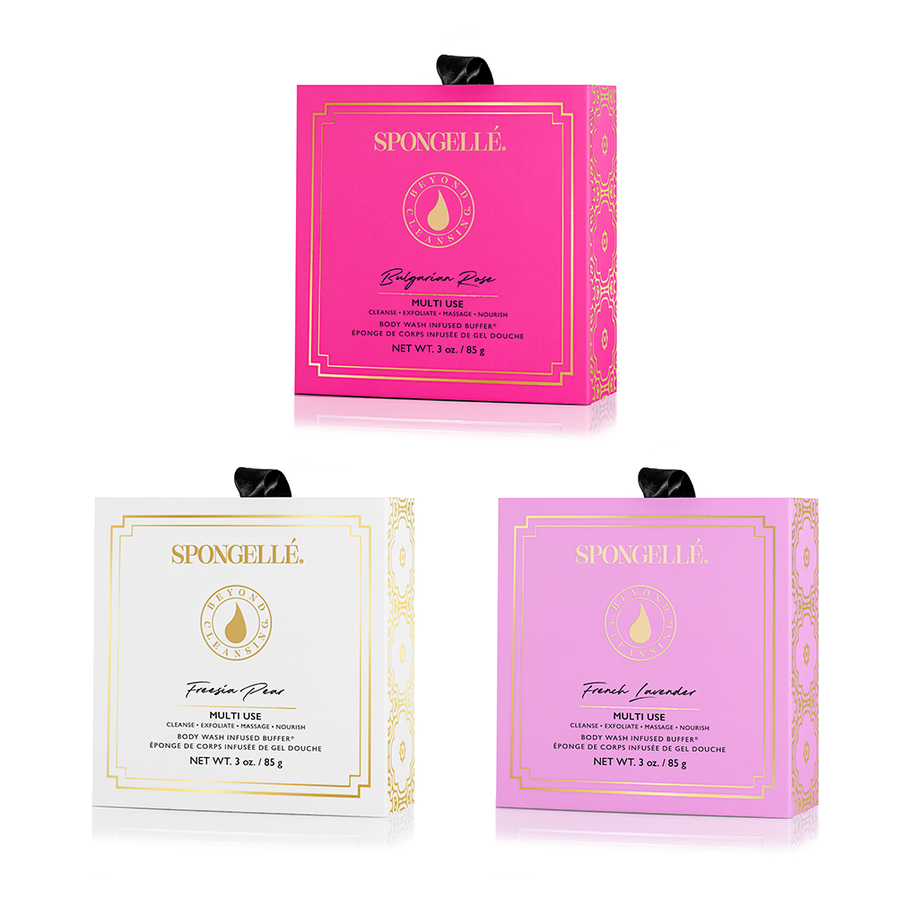Spongellé floral boxed flower set with body wash infused buffer, featuring colorful flower-shaped sponges for gentle cleansing.