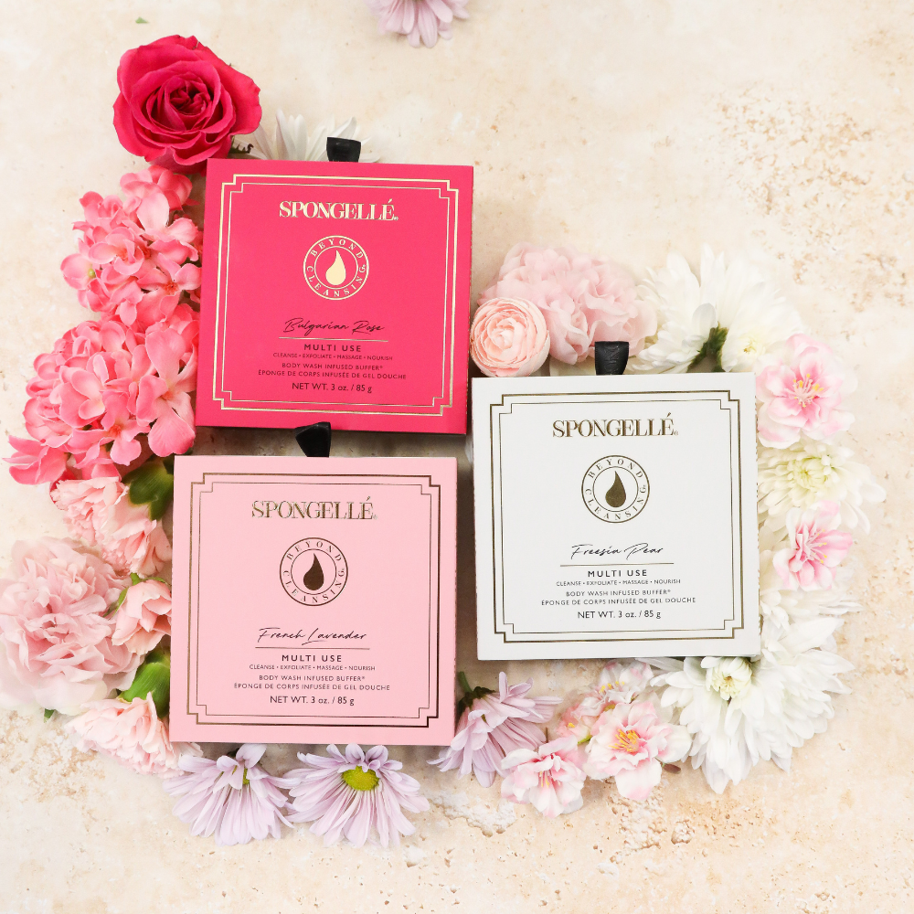 Spongellé floral boxed flower set with body wash infused buffer, featuring colorful floral design and textured sponge for skincare.