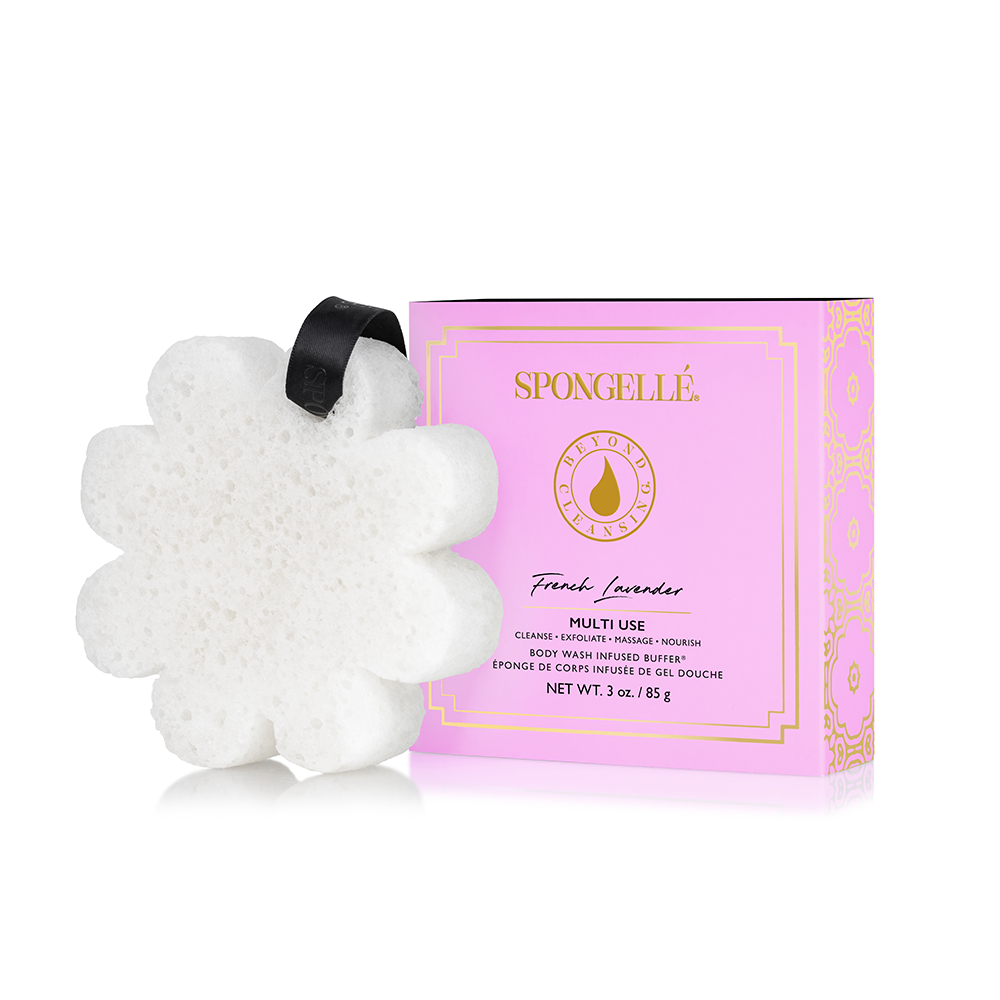 Spongellé floral boxed flower set with body wash-infused buffer, featuring vibrant floral design and soft textured buffer for skincare
