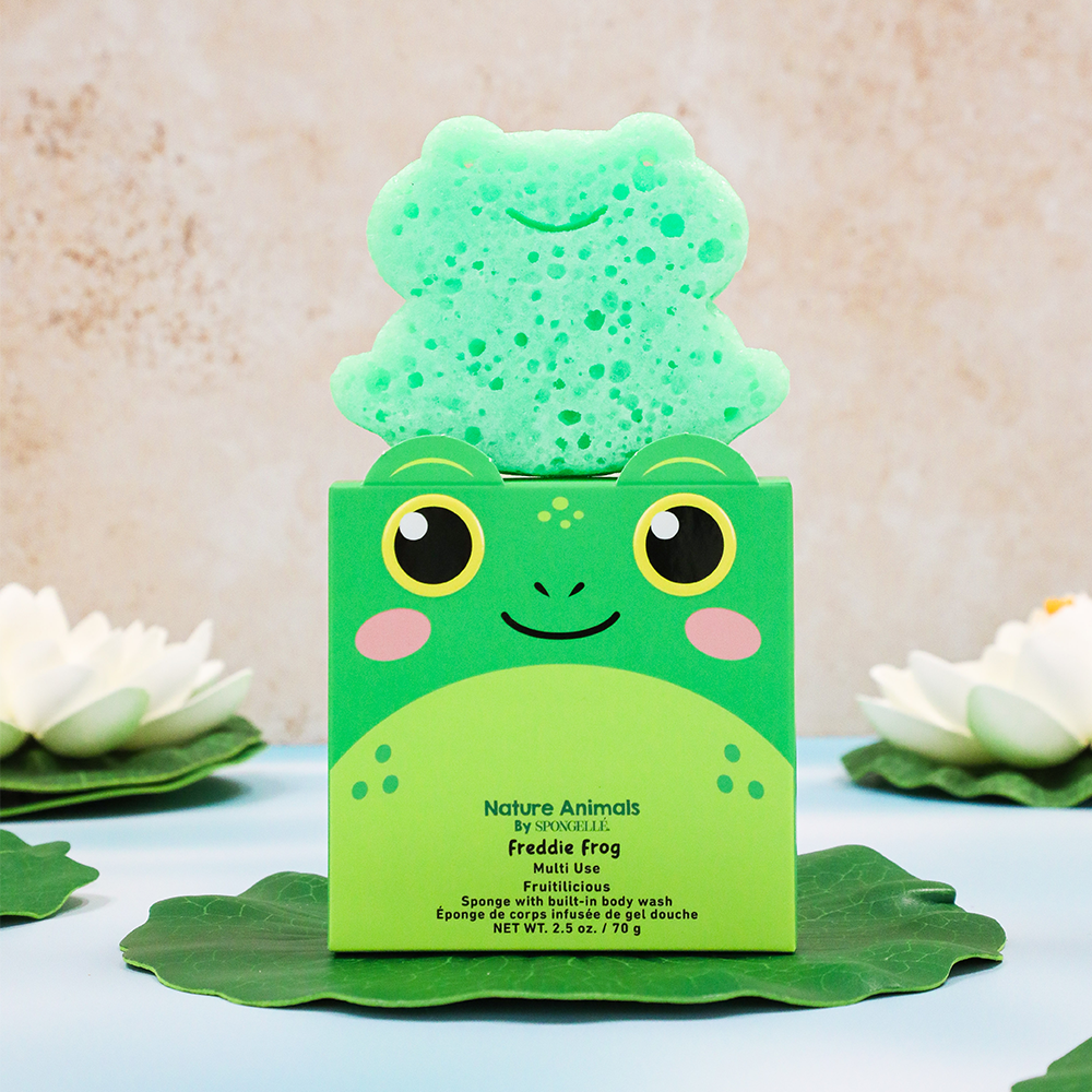 Freddie Frog Spongellé body wash infused buffer with vibrant green and yellow frog design, soft texture for cleansing and exfoliating.
