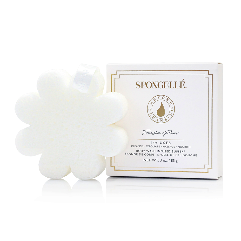 Spongellé Freesia Pear vegan-friendly body wash infused buffer with floral design in a boxed package.