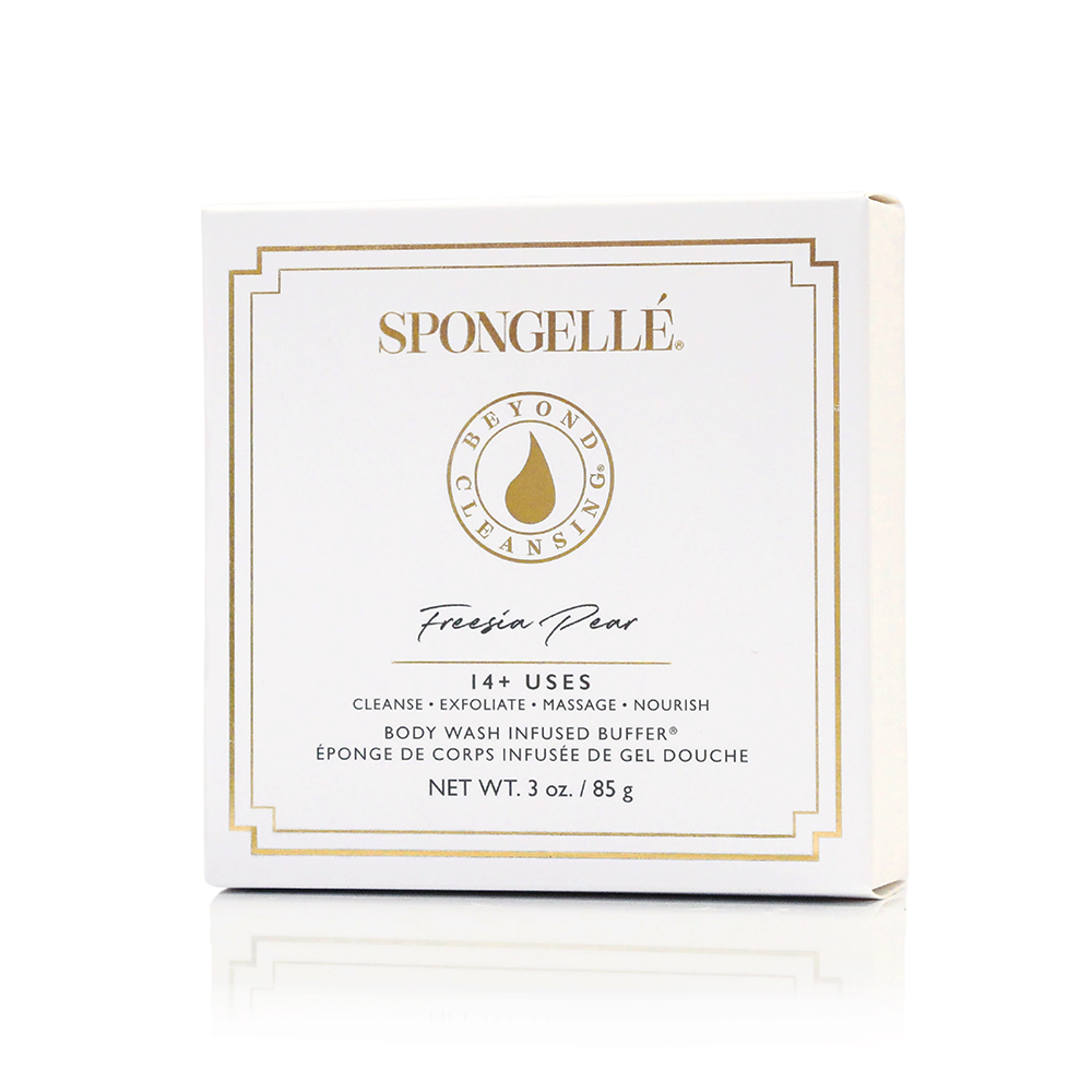 Spongellé Freesia Pear vegan-friendly body wash infused buffer with floral packaging and textured sponge for gentle cleansing.