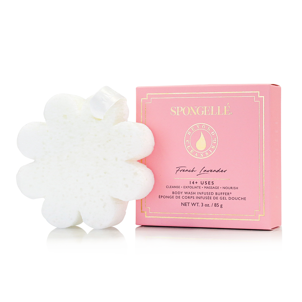 Spongellé French Lavender Body Wash Infused Buffer with boxed flower design, soft textured sponge for luxurious cleansing.