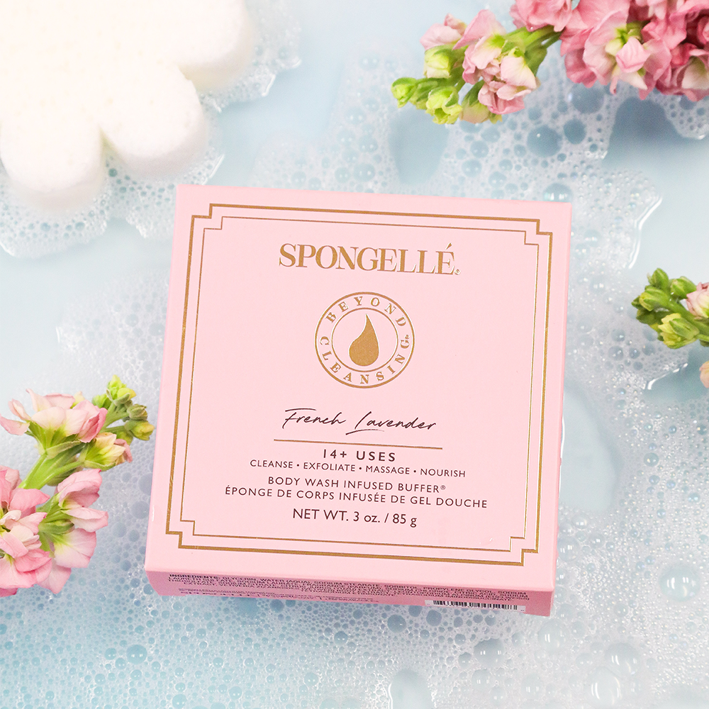 Spongellé French Lavender Body Wash Infused Buffer with boxed lavender flower design, soft textured exfoliating body buffer.