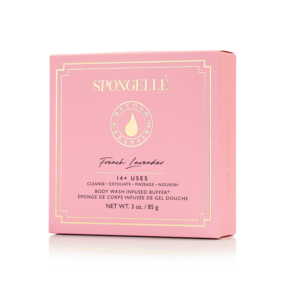 Spongellé French Lavender Body Wash Infused Buffer with boxed lavender flower design, soft sponge for gentle cleansing and fragrance.