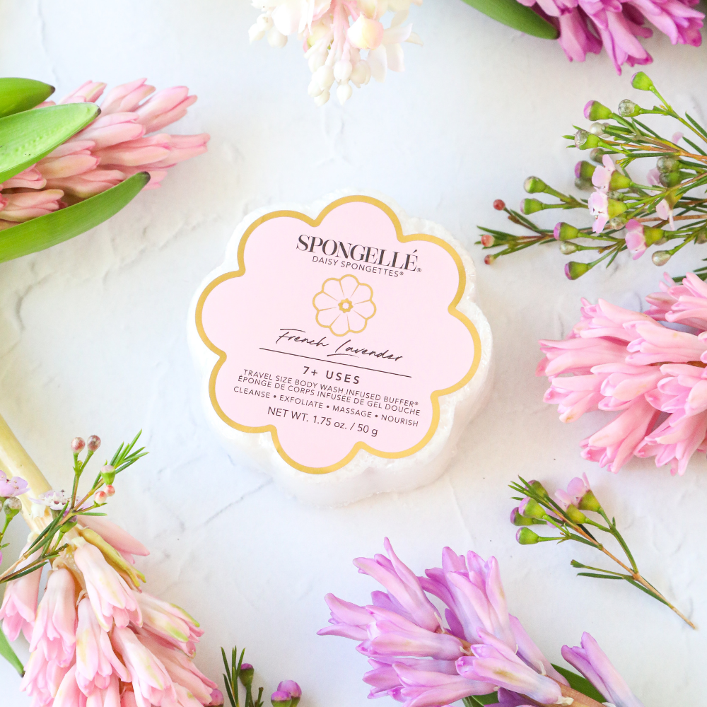 French Lavender Daisy Spongette body wash infused buffer by Spongellé, soft sponge with lavender floral design for gentle cleansing.