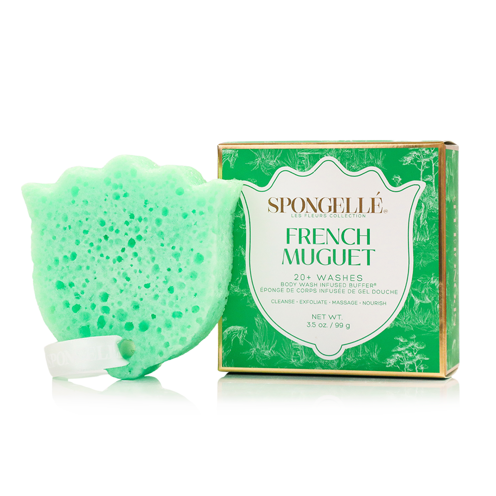 Spongellé French Muguet Les Fleurs body wash-infused buffer with floral design for gentle cleansing and moisturizing skin