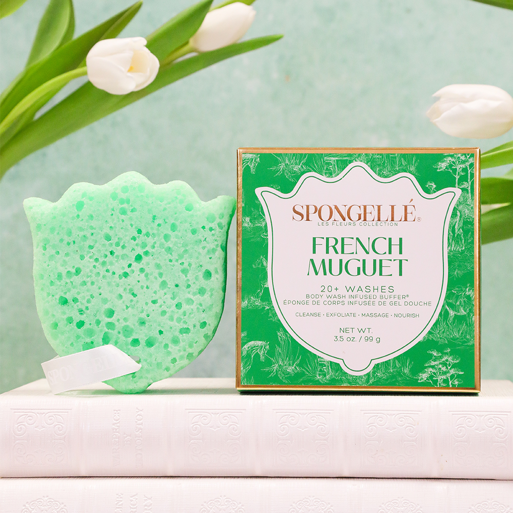 Spongellé French Muguet Les Fleurs Body Buffer, a body wash-infused buffer with floral design and lavender accents.