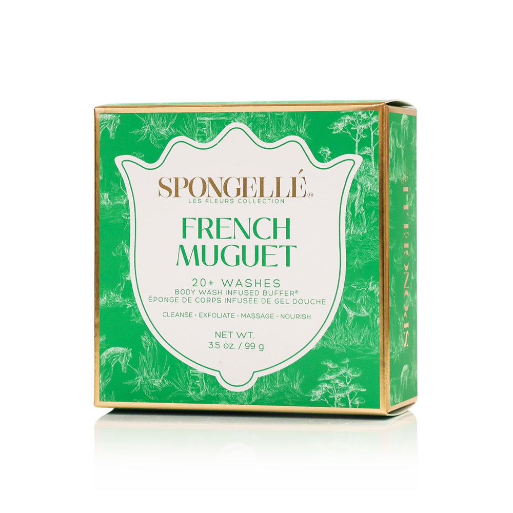 Spongellé French Muguet Les Fleurs Body Buffer, a body wash infused buffer with floral fragrance and textured surface for gentle cleansing.