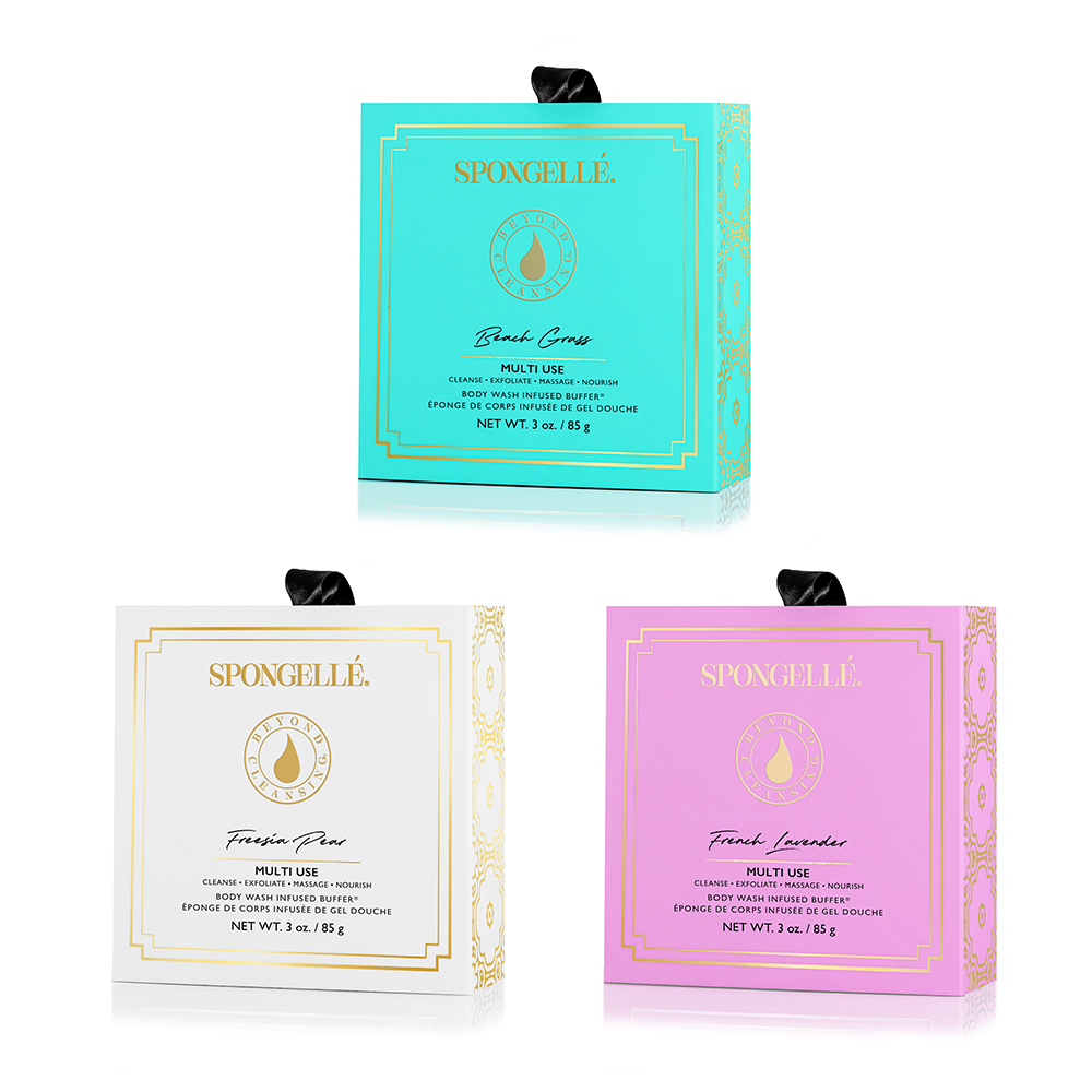 Spongellé Fresh Boxed Flower Set body wash infused buffer with floral design and soft exfoliating texture for gentle cleansing.