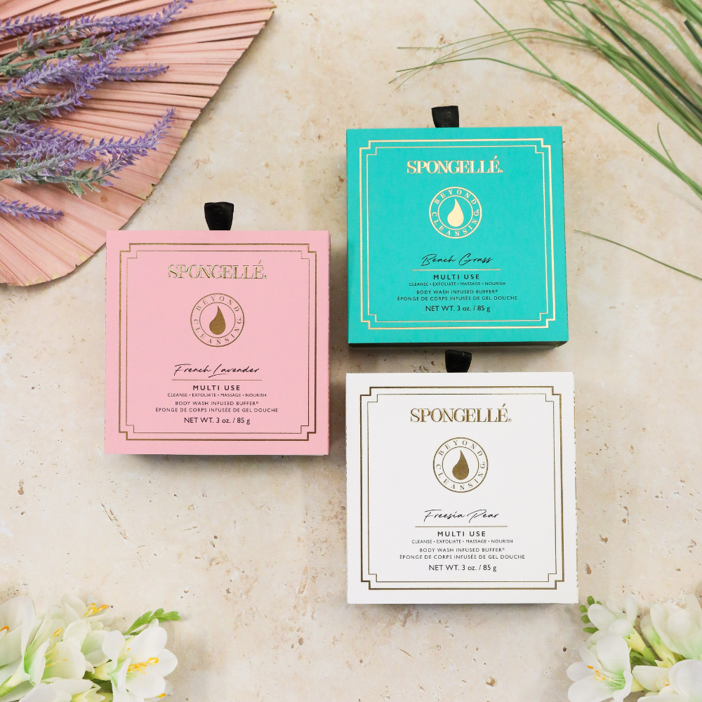Spongellé Fresh Boxed Flower Set body wash infused buffer with floral design and textured surface for gentle cleansing.