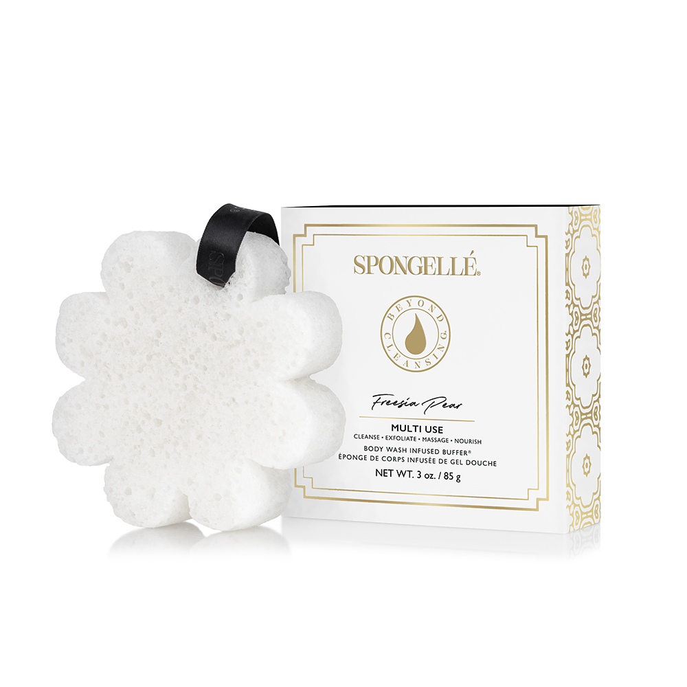 Spongellé Fresh Boxed Flower Set body wash infused buffer with floral design and soft textured sponge for gentle cleansing.