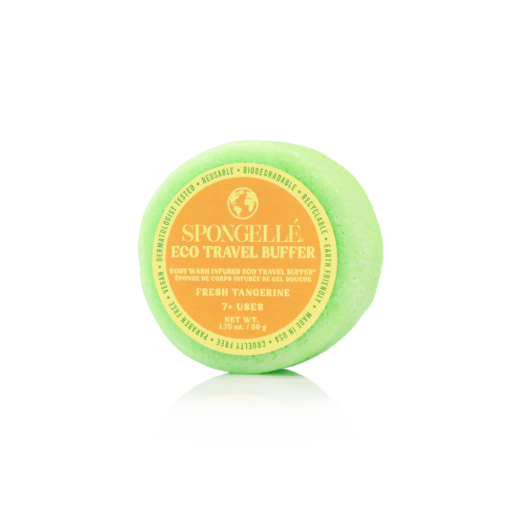 Spongellé Fresh Tangerine Eco Travel Buffer, a body wash-infused buffer with vibrant orange color and textured surface for cleansing.