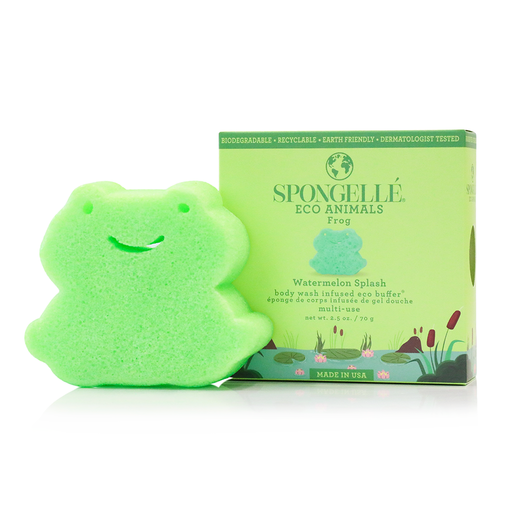 Spongellé Eco Animals Frog Body Wash Infused Buffer for kids, soft sponge with playful frog design and body cleansing features