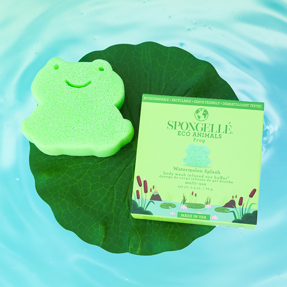 Spongellé Eco Animals Frog Kids Buffer, a body wash infused buffer with a playful frog design for gentle skin cleansing.