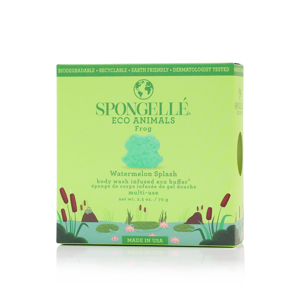 Spongellé Frog Eco Animals Kids Buffer, a body wash-infused buffer with a playful frog design for gentle skin cleansing.