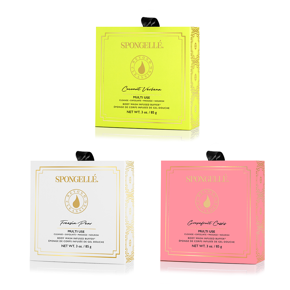 Spongellé Fruity Boxed Flower Set body wash infused buffer with floral and fruity design in a decorative box.