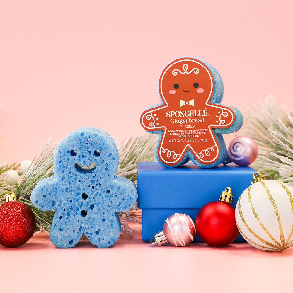 Spongellé Gingerbread Holiday Body Wash Infused Buffer with festive gingerbread scent and exfoliating design.