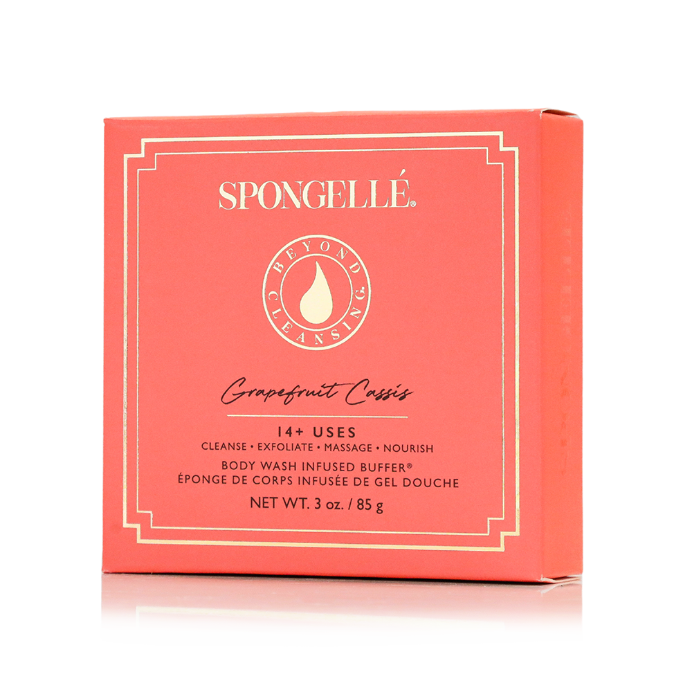 Spongellé Grapefruit Cassis Body Wash Infused Buffer with boxed flower design, soft exfoliating body buffer for gentle cleansing