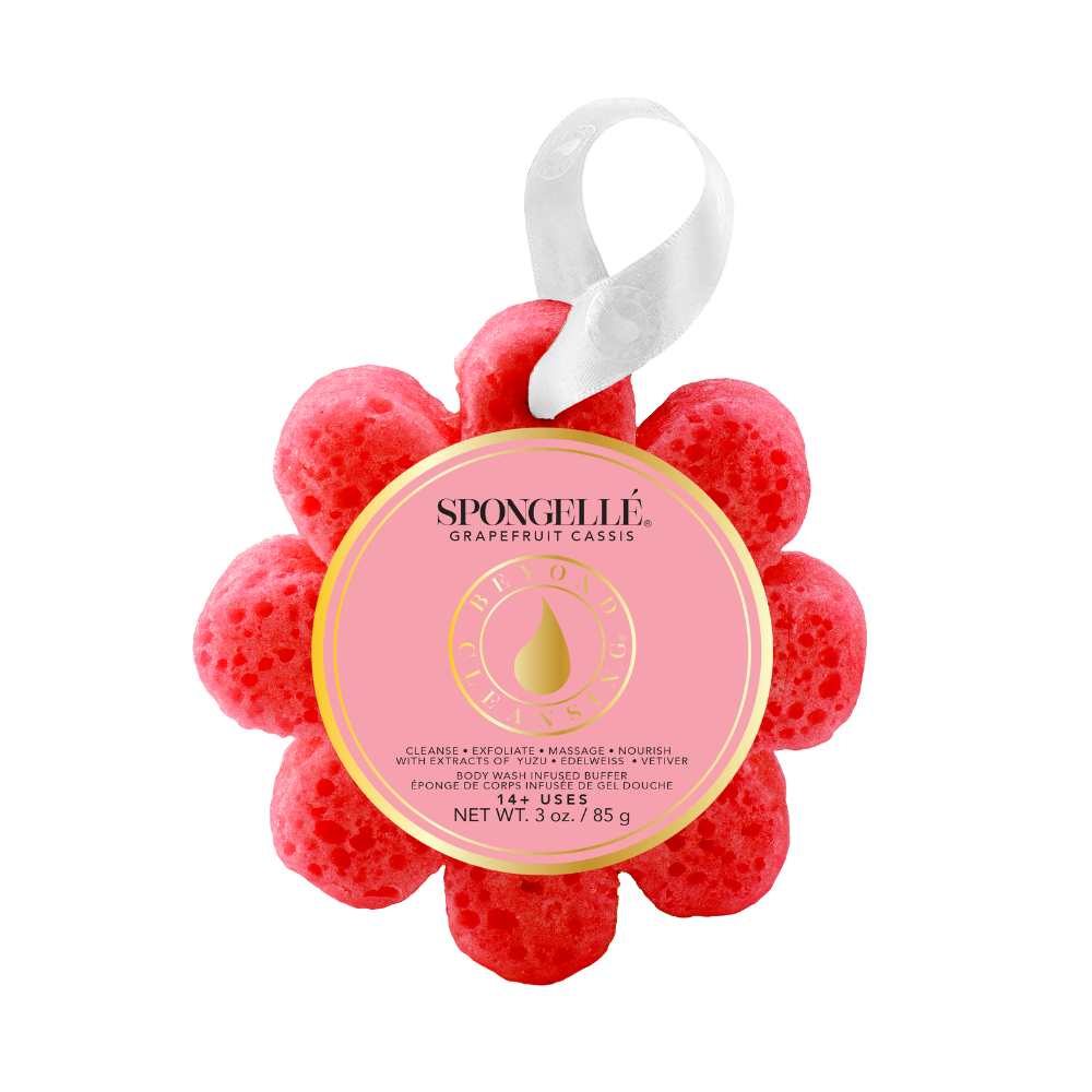 Spongellé Grapefruit Cassis Wild Flower body wash infused buffer with floral and citrus scents, showing the textured sponge and packaging.